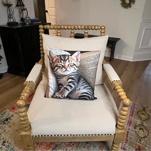 Cozy Dozing Kitty Print Pillow Case, 18x18” Sq., Neutral, Earthy Colors - Picture 4 of 5